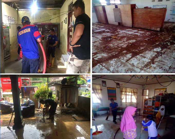 Pemadam Kebakaran  membantu memberisihkan sisa-sisa banjir